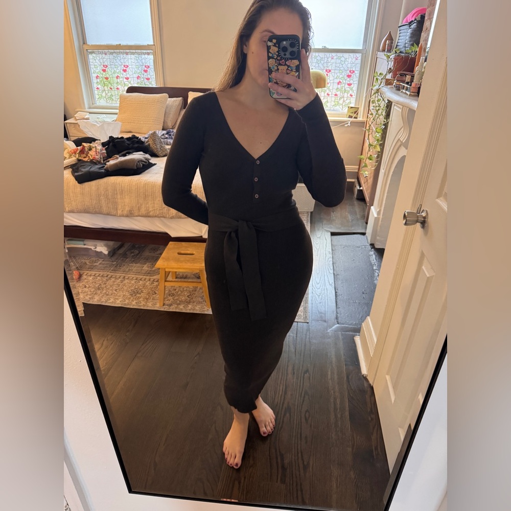 Babaton Chocolate Long Sleeve V-Neck Dress
